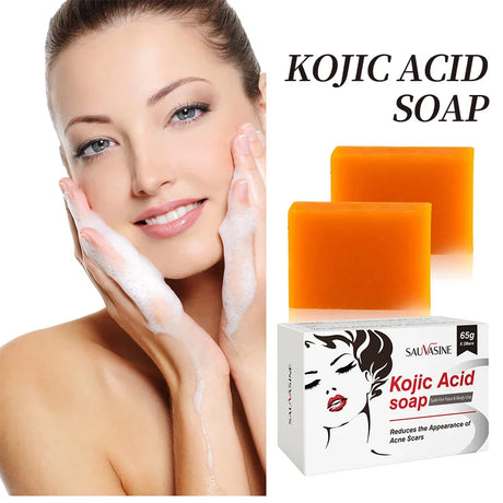Woman applying soap to her face with Kojic Acid soap and packaging displayed on a white background.