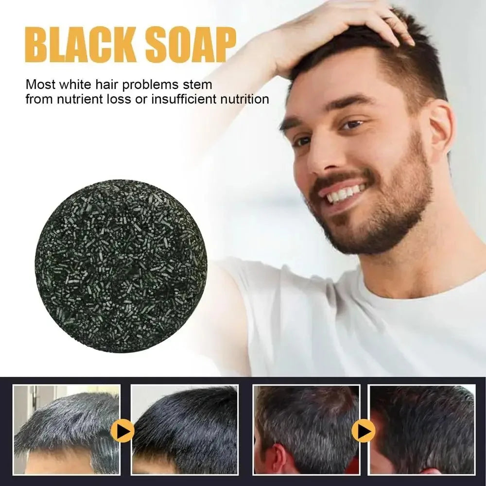 Man with a beard and white shirt, showing hair transformation with black soap, text about white hair problems.