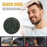 Man with a beard and white shirt, showing hair transformation with black soap, text about white hair problems.