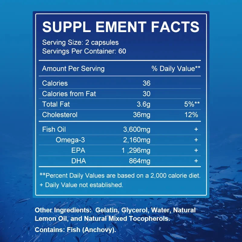 Supplement facts label with detailed nutritional information on a blue background