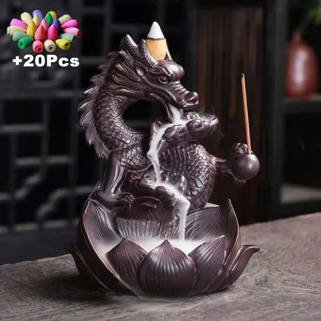 Dragon-shaped incense burner with incense sticks on a dark surface