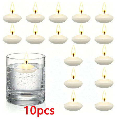 Set of 10 floating candles in water with a glass container on a white background
