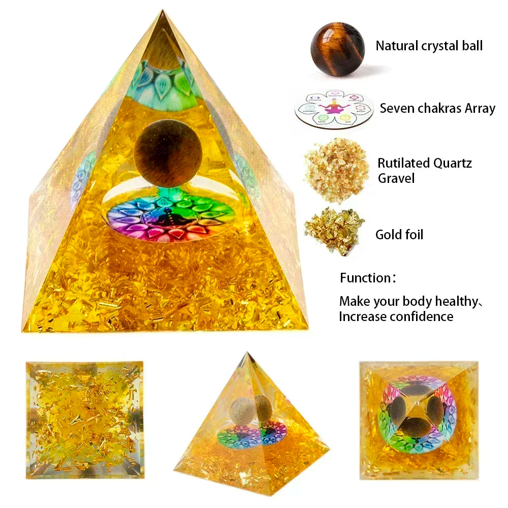 Crystal pyramid with labeled components and functions on a white background
