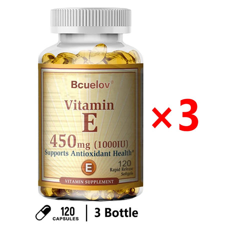 Bcuelov Vitamin E supplement bottle with 120 capsules and 3 bottles text on a white background
