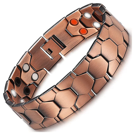 Copper bracelet with geometric pattern on a white background