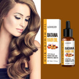 Woman with long, wavy hair next to LEWEDO Batana Hair Growth Oil packaging and bottle.