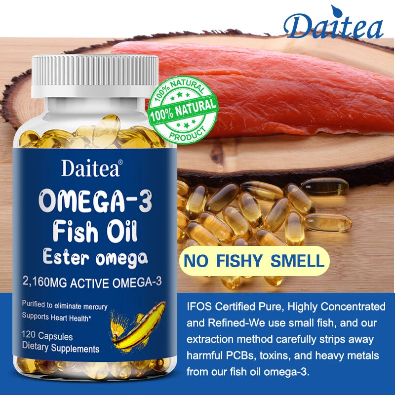 Bottle of Daitea Omega-3 Fish Oil with salmon in the background