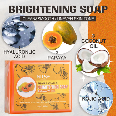 Ailye Papaya and Vitamin C Brightening Soap packaging with ingredients displayed.