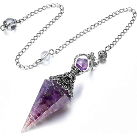 Amethyst crystal pendant on a silver chain with clear beads against a white background