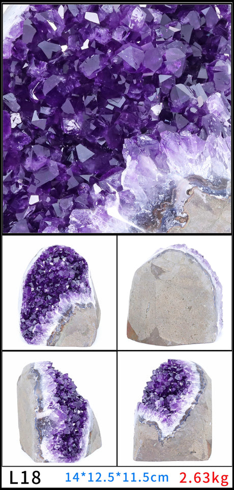 Collage of purple crystal rock samples with size and weight information.