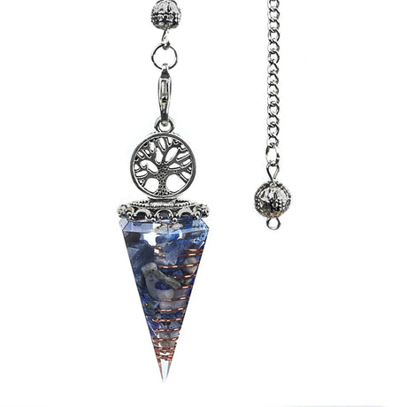 Tribal-style pendant with blue and silver design on a white background