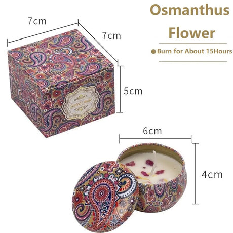 Decorative candle in a patterned tin with dimensions and product details on a white background