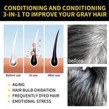 Product advertisement for hair care solution showing before and after effects on gray hair.