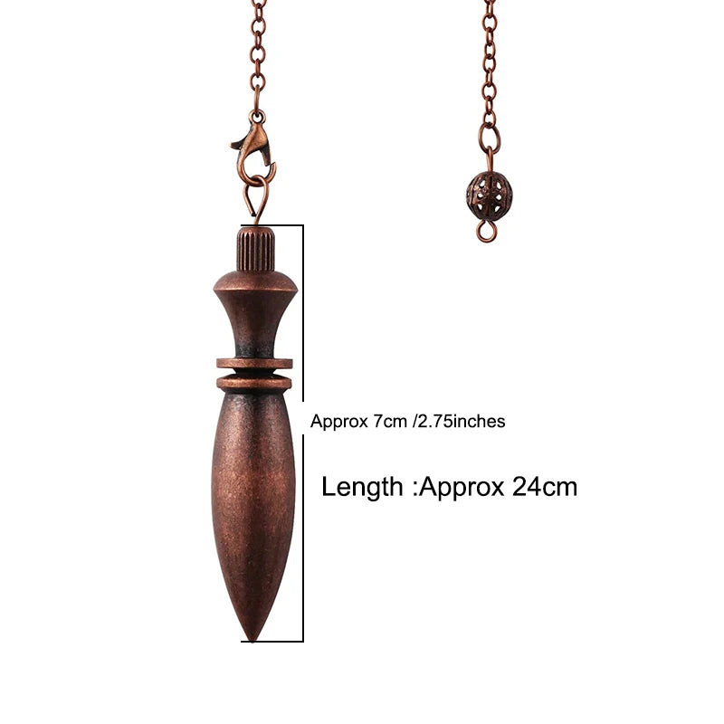 Bronze pendant with chain, showing dimensions on a white background