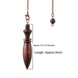 Bronze pendant with chain, showing dimensions on a white background