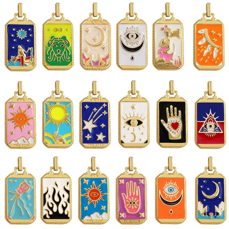 Collection of colorful tarot card-style pendants with various symbols and designs.