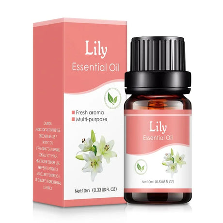 Lily essential oil bottle and packaging on a white background