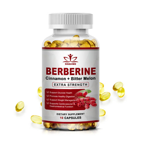 Bottle of Berberine dietary supplement with capsules on a white background