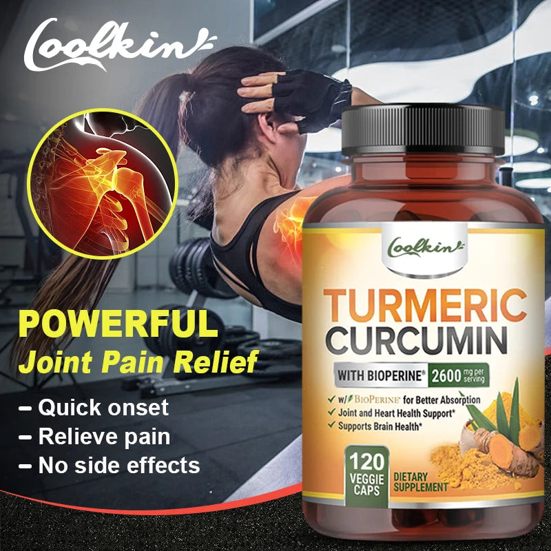 Turmeric Curcumin supplement bottle with a woman exercising in the background, highlighting joint pain relief.
