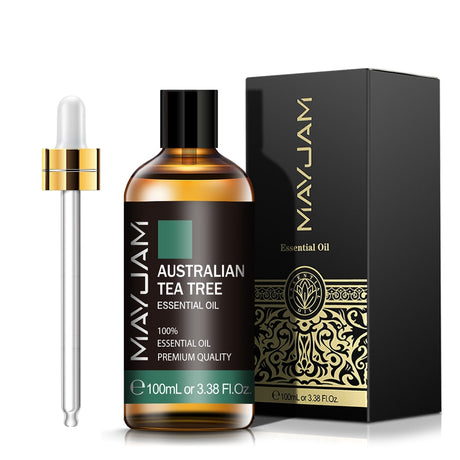 Mayuam Australian Tea Tree Essential Oil bottle with dropper and packaging on a white background