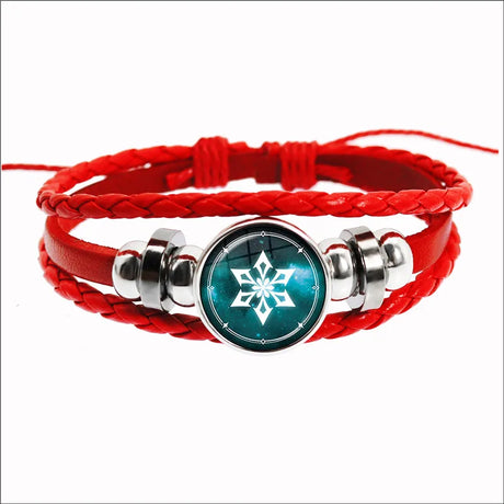 Red braided bracelet with a silver and teal snowflake charm on a white background