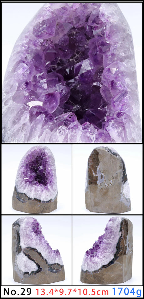 Amethyst geode with six smaller images showing different angles on a white background