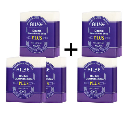 Four bars of AILYE Double Glutathione Soap Plus with a promotional text overlay on a white background.