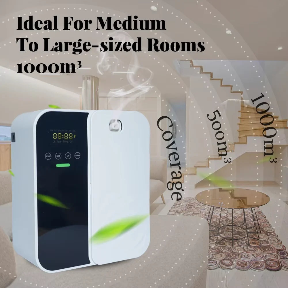 Air purifier with text indicating ideal for medium to large rooms and coverage area.