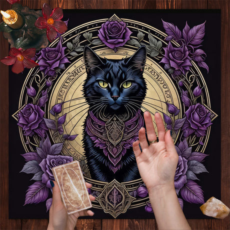 Black cat with purple roses and hands holding cards on a wooden surface