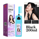 Hair care product set with bottle, comb, and packaging featuring a woman with black hair.