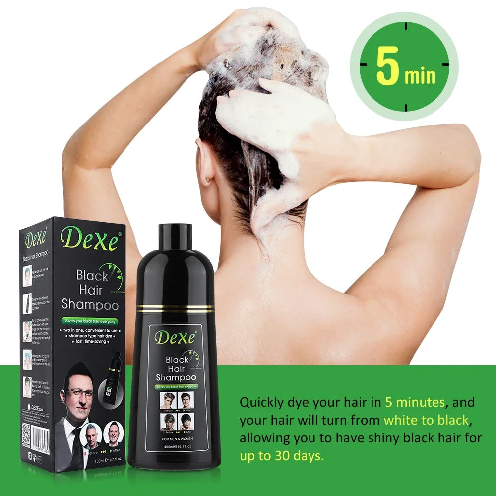Dexe Black Hair Shampoo with packaging and a person using the shampoo.