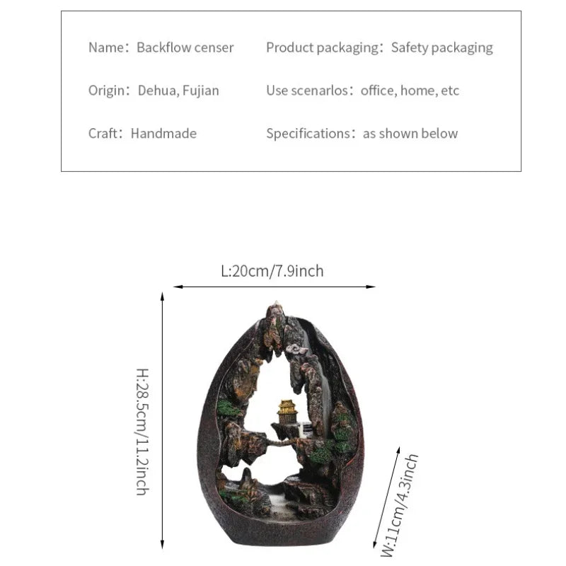 Backflow censer with dimensions and product details on a white background