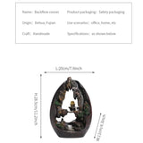 Backflow censer with dimensions and product details on a white background