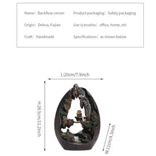 Backflow censer with dimensions and product details on a white background