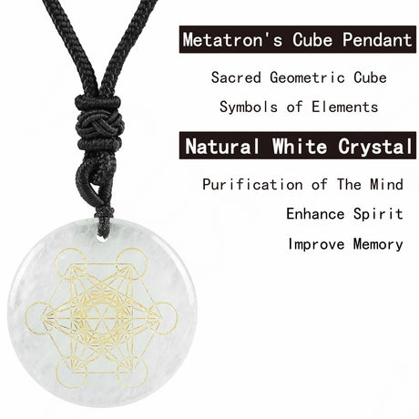 Metatron's Cube pendant on a black cord with text about its properties.
