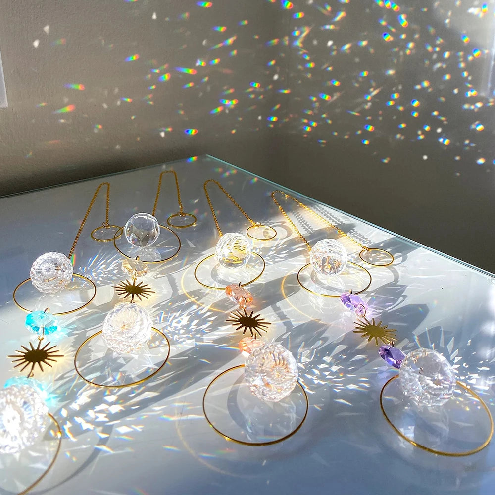Collection of jewelry including earrings and necklaces on a reflective surface with rainbow折射效果