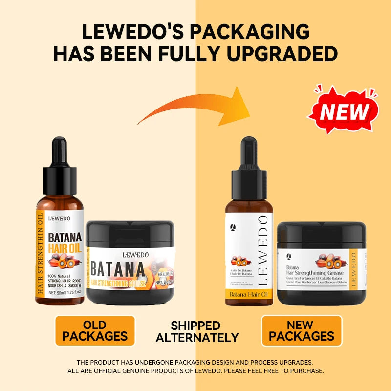 Comparison of old and new Lewedo packaging for Batana hair oil and cream on a beige background.
