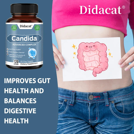 Didacat Candida supplement bottle with a person holding an illustration on a blue background