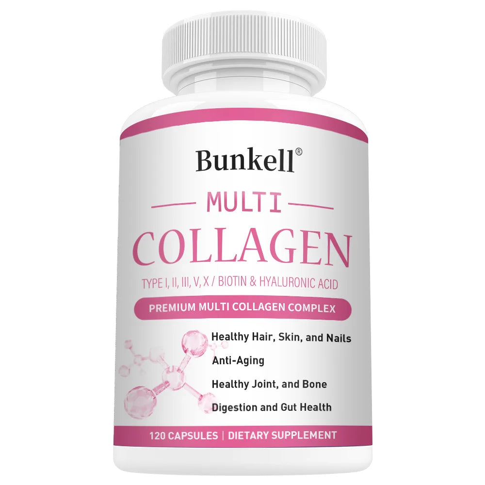 Bottle of Bunkell Multi Collagen supplement on a white background