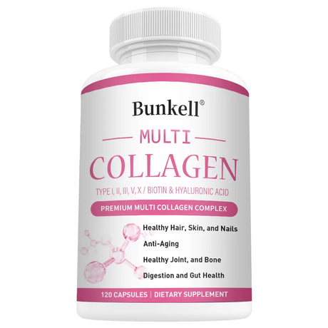 Bottle of Bunkell Multi Collagen supplement on a white background