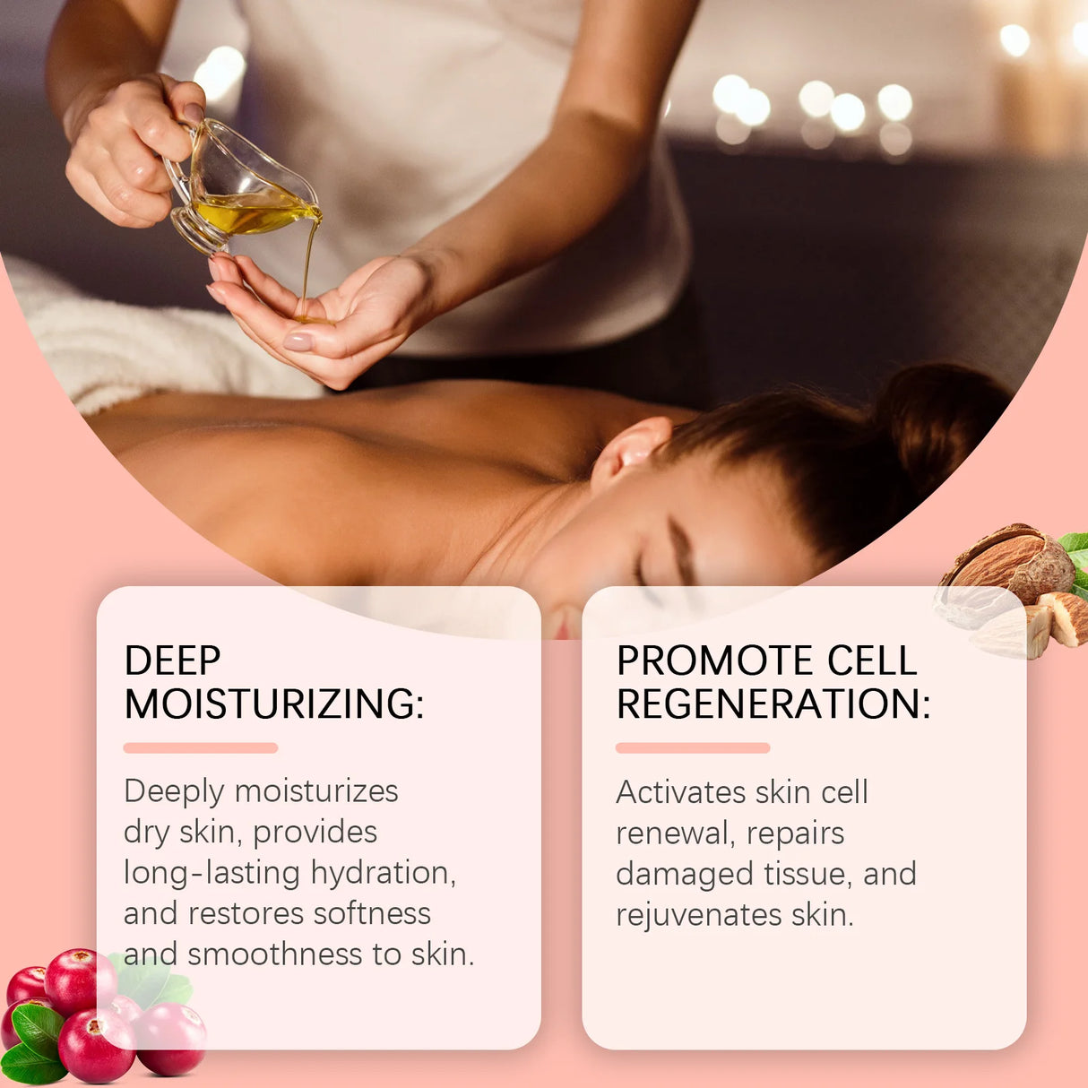 Person receiving a massage with oil, promoting deep moisturizing and cell regeneration.