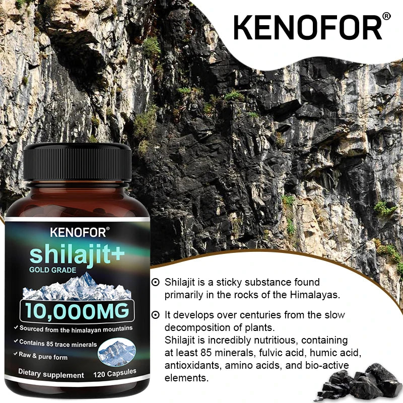 Kenofor shilajit supplement bottle with mountainous background