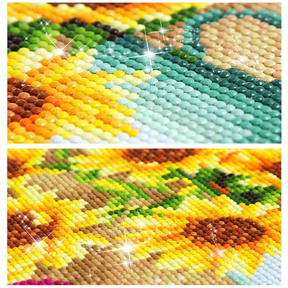 Close-up of a diamond painting with a geometric pattern, showcasing the intricate details and colors.