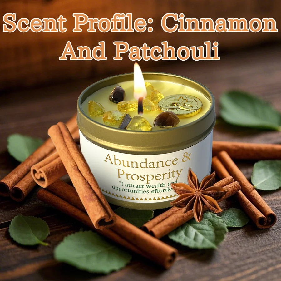 Candle with cinnamon and patchouli scents on a wooden surface with cinnamon sticks and leaves.