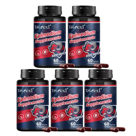 Five bottles of Torexl Epimedium Supplements on a white background