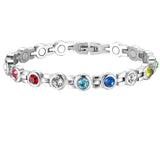 Silver bracelet with colorful gemstones on a white background