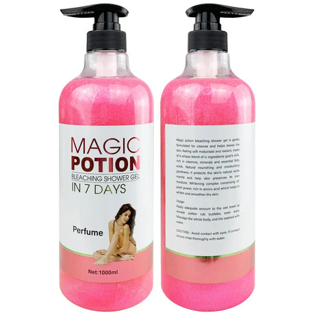Two bottles of 'Magic Potion' bleaching shower gel with pink liquid on a white background.