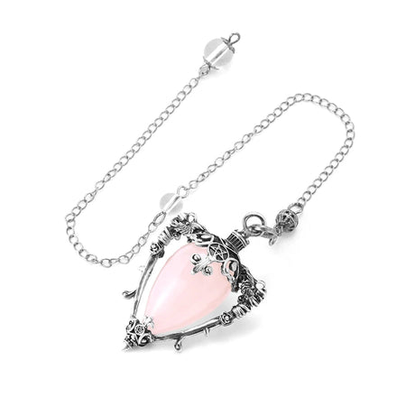 Necklace with a pink teardrop pendant on a white background