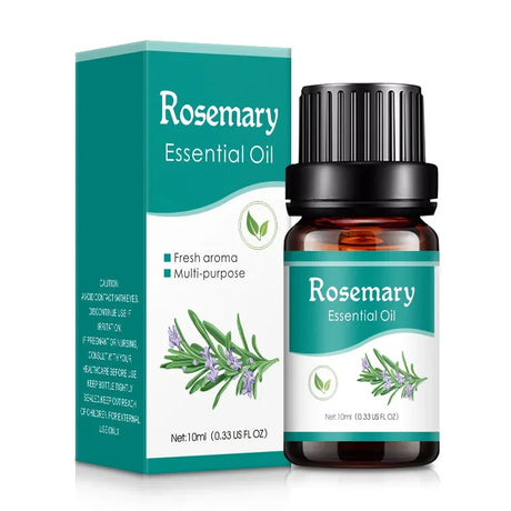 Rosemary essential oil bottle and packaging on a white background