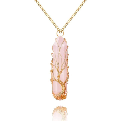 Necklace with a pink crystal pendant on a white background